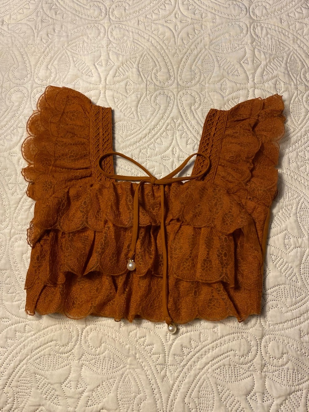 Burnt Orange Ruffled Lace Crop Top with Pearl Accent Classy & Fabulous Sz S